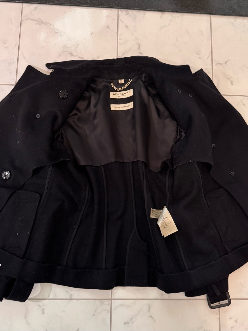 Burberry London Sandringham Black Wool Double-Breasted Coat, Belted Waist - Picture 7 of 12